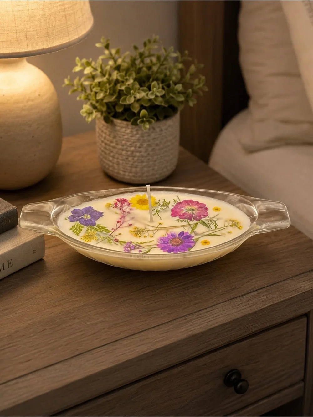 Floral Embedded Soy Candle in Glass Dish - Purple Pink Yellow Flowers